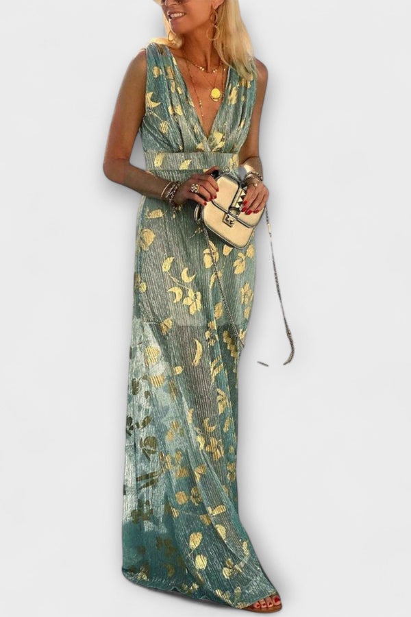 Flowing Dress with V-Neck and Sequin Details