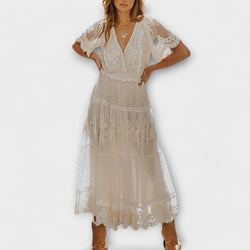 Lacey Midi Dress with V-Neck and Short Sleeves