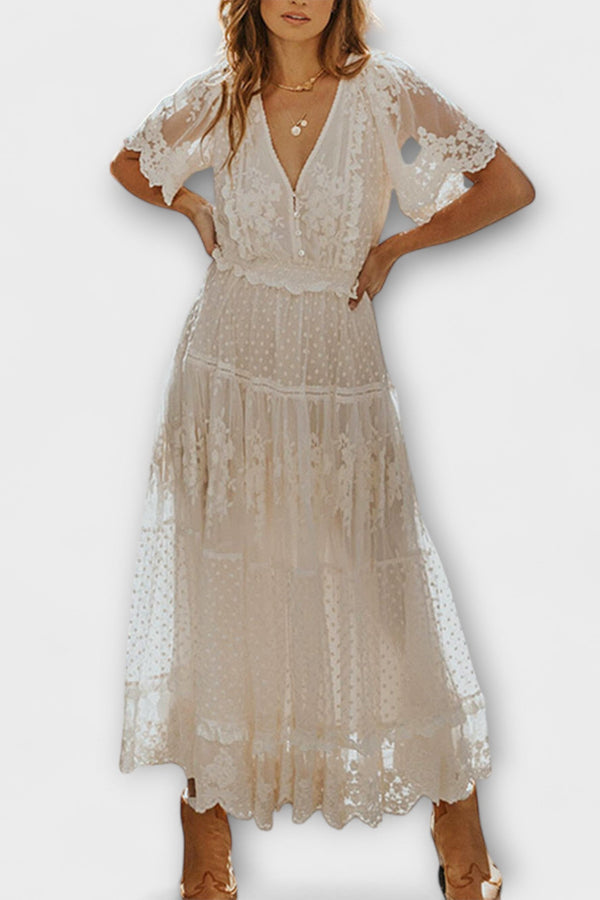 Lacey Midi Dress with V-Neck and Short Sleeves