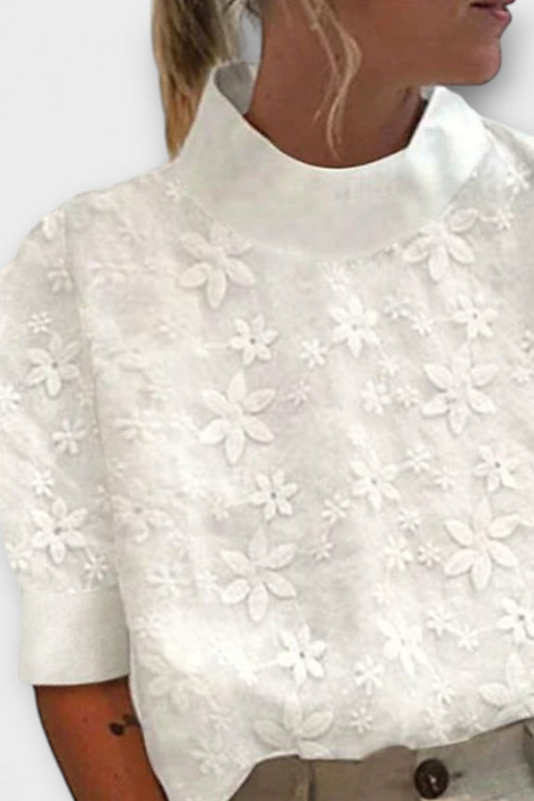 Blouse with Embroidered Simple Stand Collar