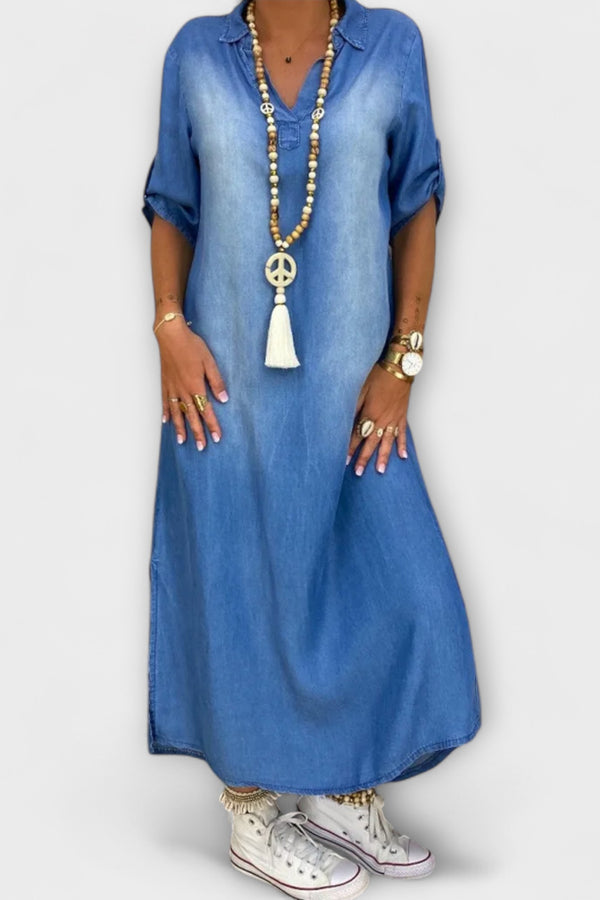 Lea - Long Denim-Look Dress with Side Slit