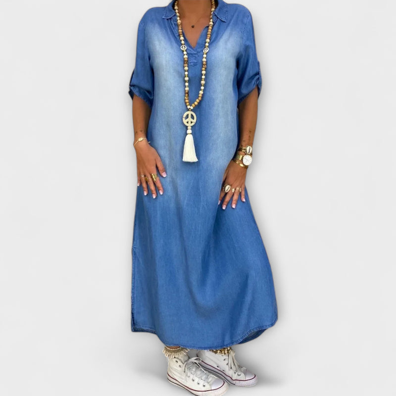 Lea - Long Denim-Look Dress with Side Slit