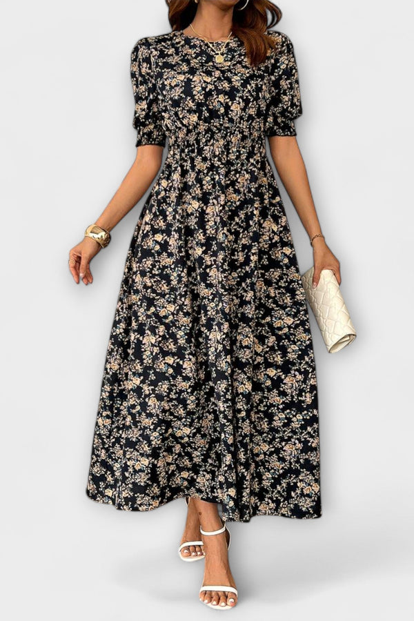 Dress with Round Neck and Floral Pattern