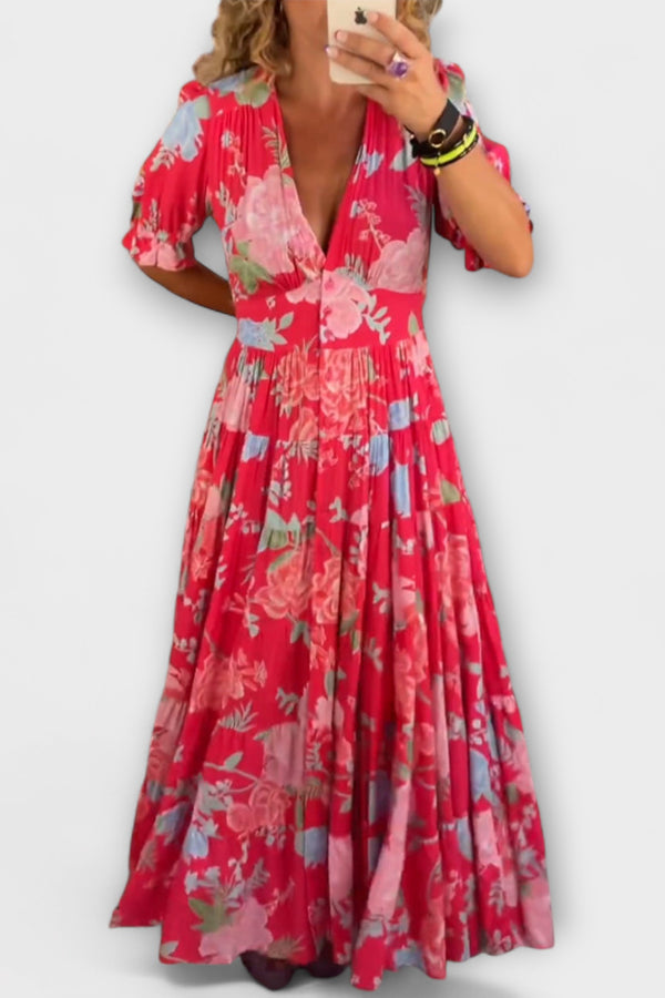 Catrisa - Floral Print V-neck Pocket Dress