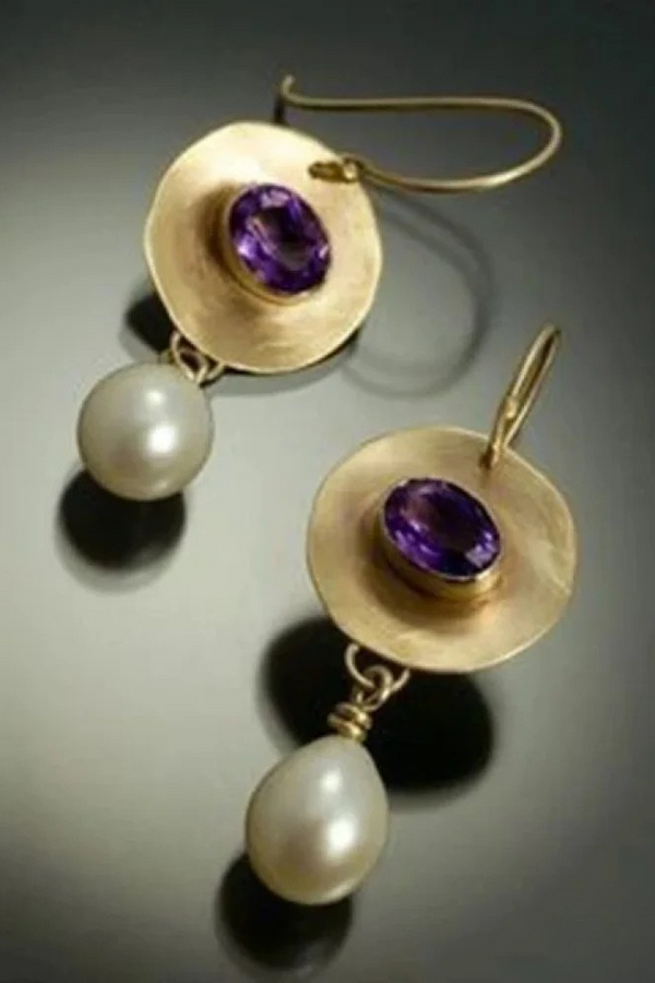 Vintage Gold Earrings with Purple Zirconia and Pearl