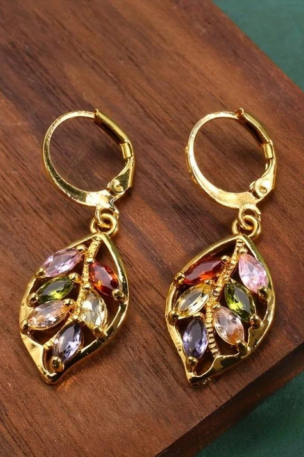 Vintage Gold Leaf Earrings with Colourful Zirconia
