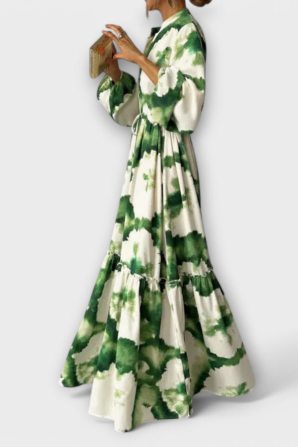 Melina - Green Maxi Dress with Long Sleeves and V-Neck