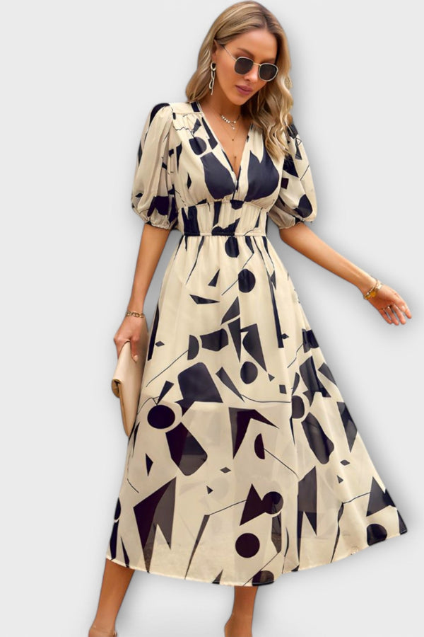 Abstract Maxi Dress with Puff Sleeves