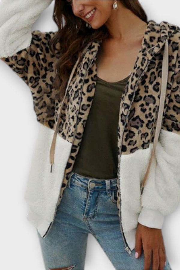 Fleece hoodie with leopard design