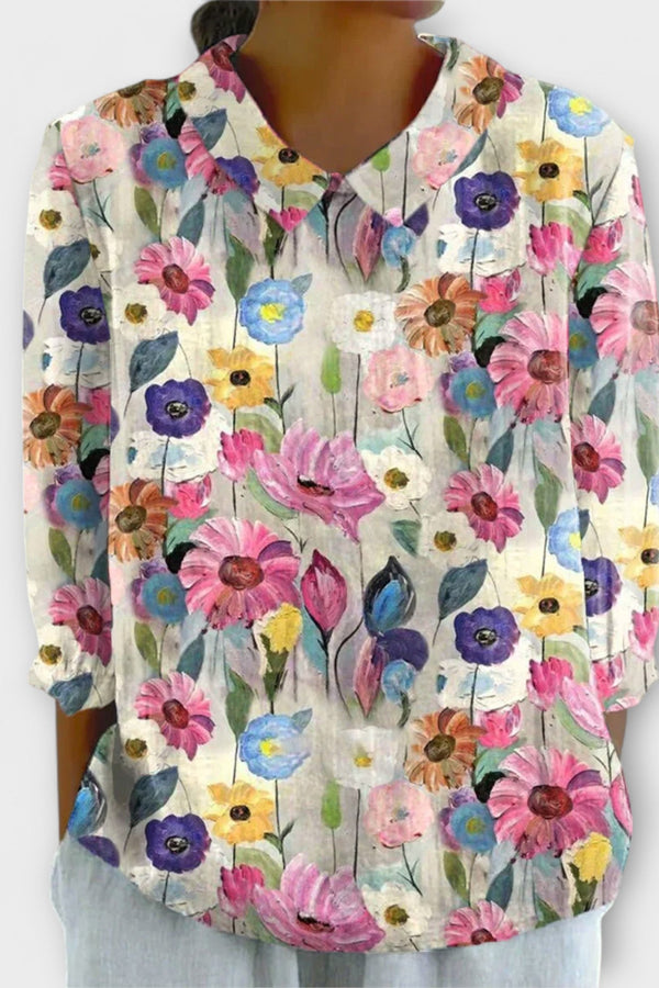 Kelly - Vintage Floral Cotton-Linen Blouse