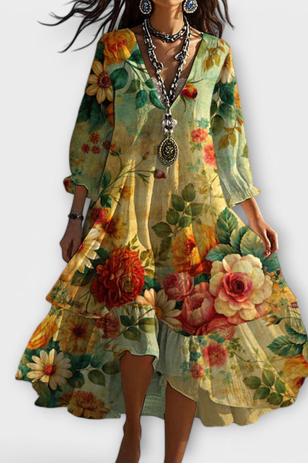 Marina - Vintage Boho Floral Pattern V-Neck Dress